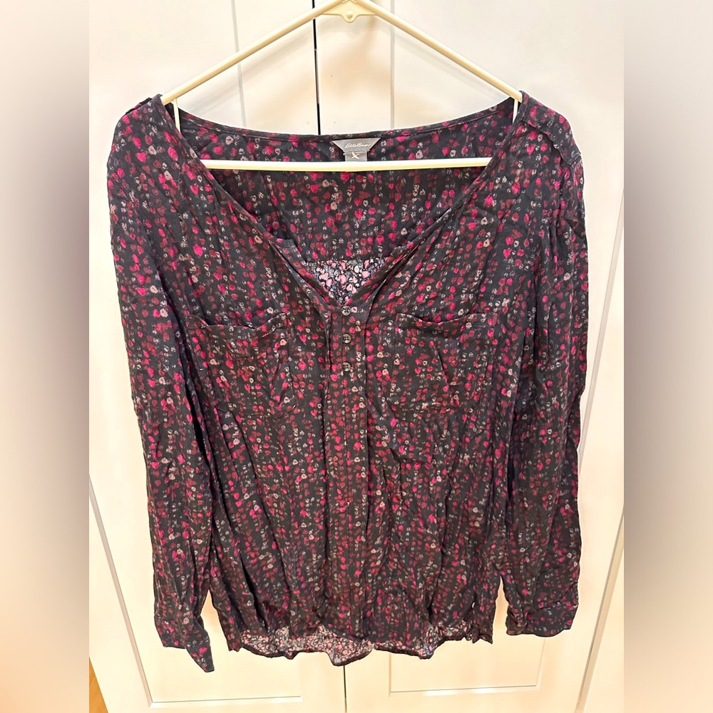 Eddie Bauer ruffled shirt. Black with colored artistic polka dots.